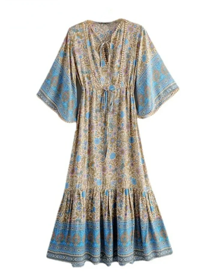 Free Spirit Bohemian Dress with Flowing Sleeves and Floral Detail