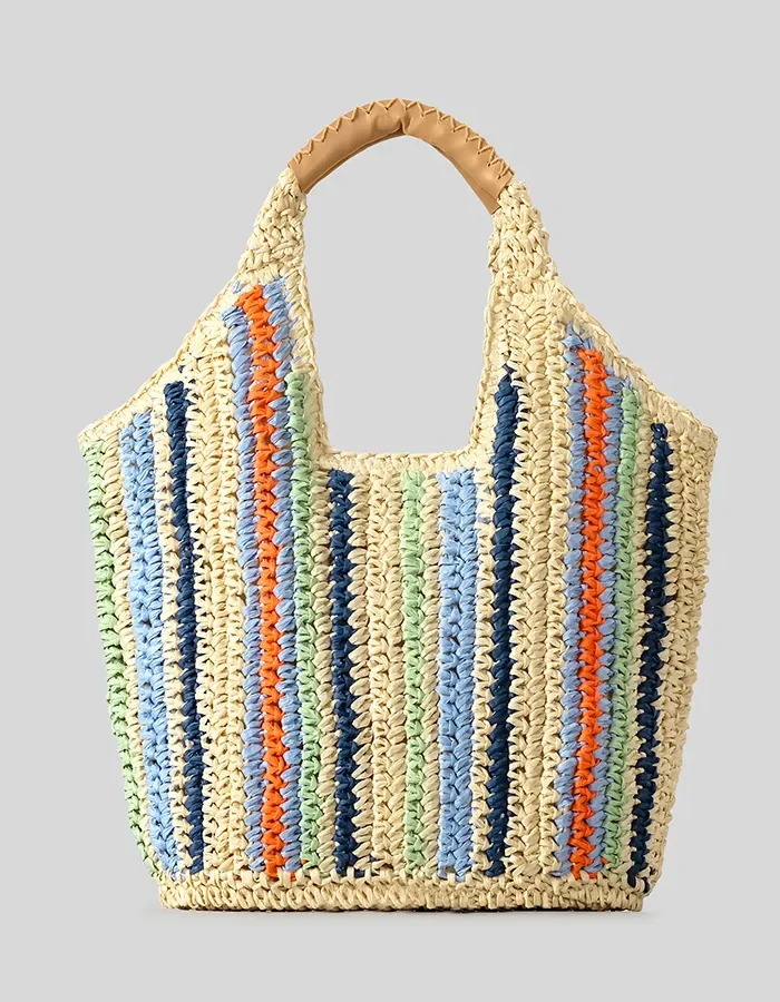 Striped Hand-Woven Woven Straw Tote with Leather Handles
