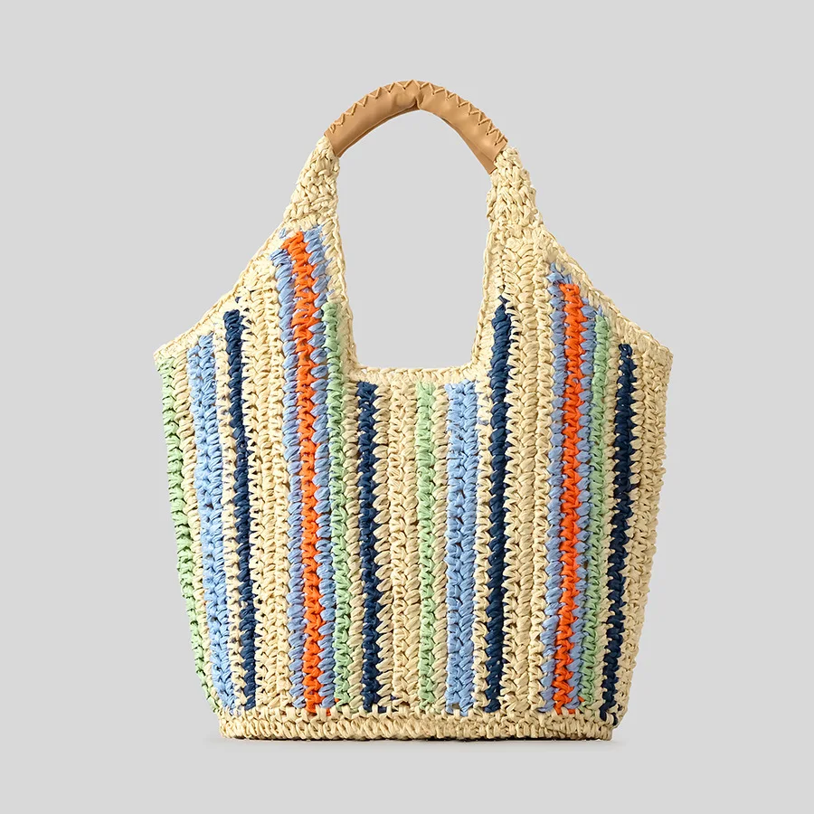 Striped Hand-Woven Woven Straw Tote with Leather Handles