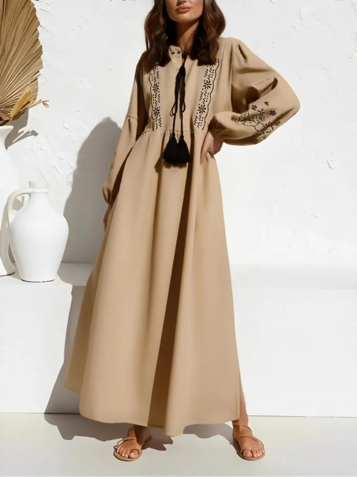 Boho Embroidered Maxi Dress with Tassel Ties and Lantern Sleeves