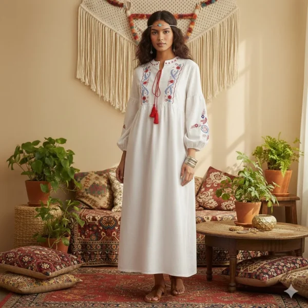 Sbf8b2f7696e9470bb4e93cf1993cc9d9C.webp Folk-Inspired Embroidered Boho Maxi Dress | Tassel Tie & Puff Sleeves