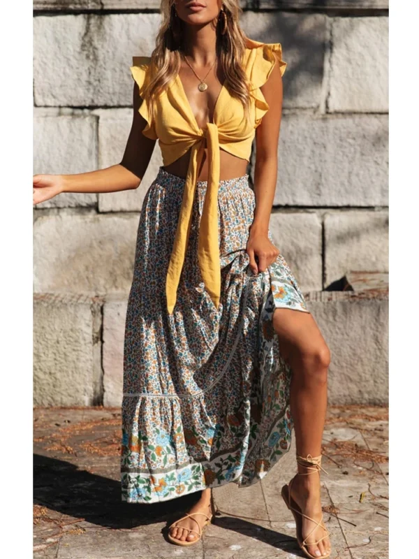 Sc1b54bd062ee40e7866fb339b125cfa64.webp Harmony Flows Bohemian Floral Maxi Skirt with Tiered Design
