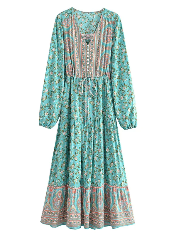 Bohemian Maxi Dress with Button Detail and Drawstring Waist