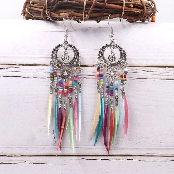 Sd356b3a516ab417797bd171f033cd301X.webp Dreamcatcher-Inspired Boho Earrings with Colorful Bead Accents