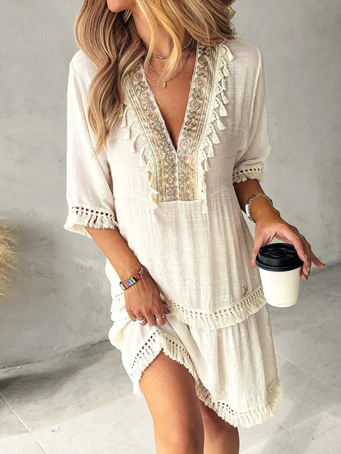 Fringe Embroidered Boho Mini Dress