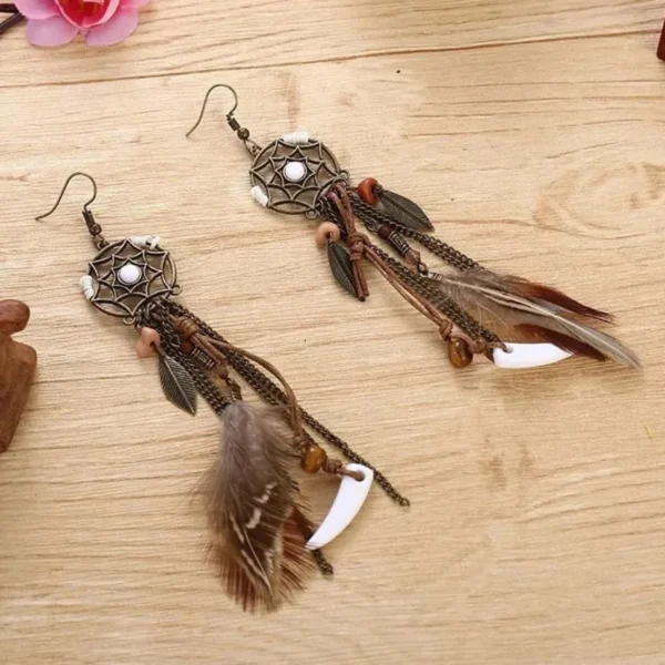 Spirit Tribal Vintage Dream Catcher Feather Earrings with Bohemian Accents