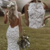 Sdd9ef20192a0496298eae89a4f1d601au.webp Halter Neck Wedding Dress, Floral Lace Bridal Gown, Open Back Fishtail Dress