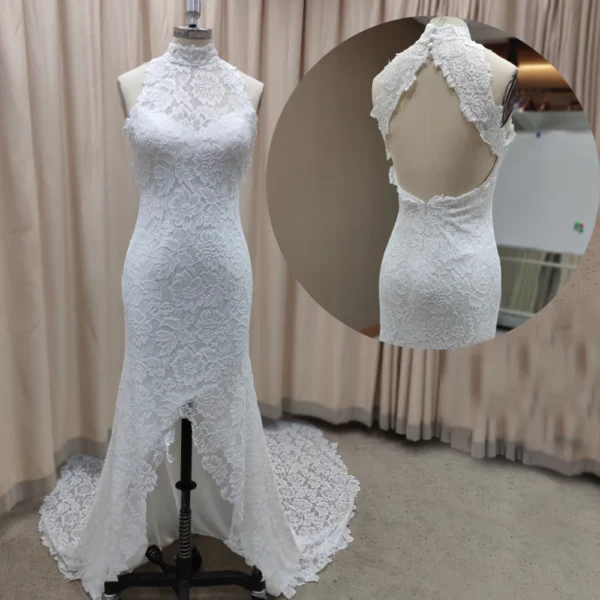 Sdecd19d94d7746f0b02de447ba2264fcP.webp Halter Neck Wedding Dress, Floral Lace Bridal Gown, Open Back Fishtail Dress