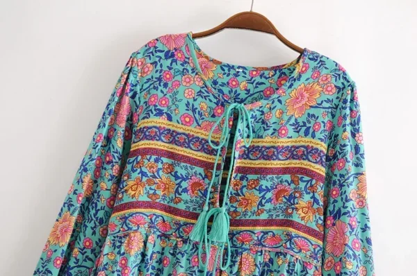 Sdfde01dd35af4c0cb963409c22b563f4K.webp Wilderness Boho Floral Bohemian Dress with Tassels and Tie-Front