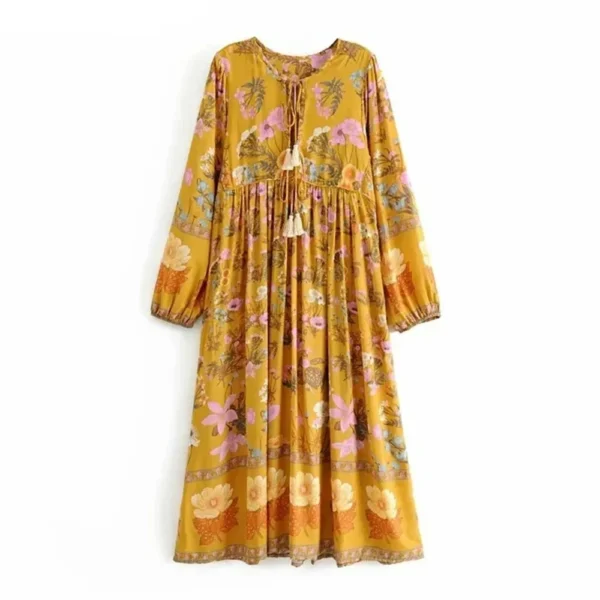 Sea0e4f6081604c1aaac9e96c91aa4d92K.webp Wilderness Boho Floral Bohemian Dress with Tassels and Tie-Front