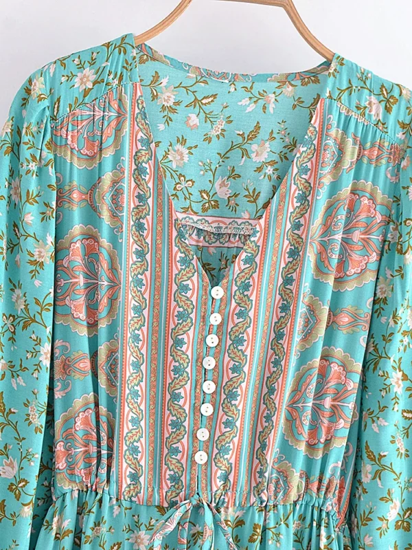 Bohemian Maxi Dress with Button Detail and Drawstring Waist