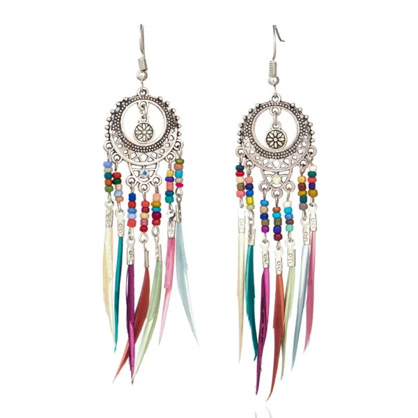 Dreamcatcher-Inspired Boho Earrings with Colorful Bead Accents Silver – Spirit & Rebel