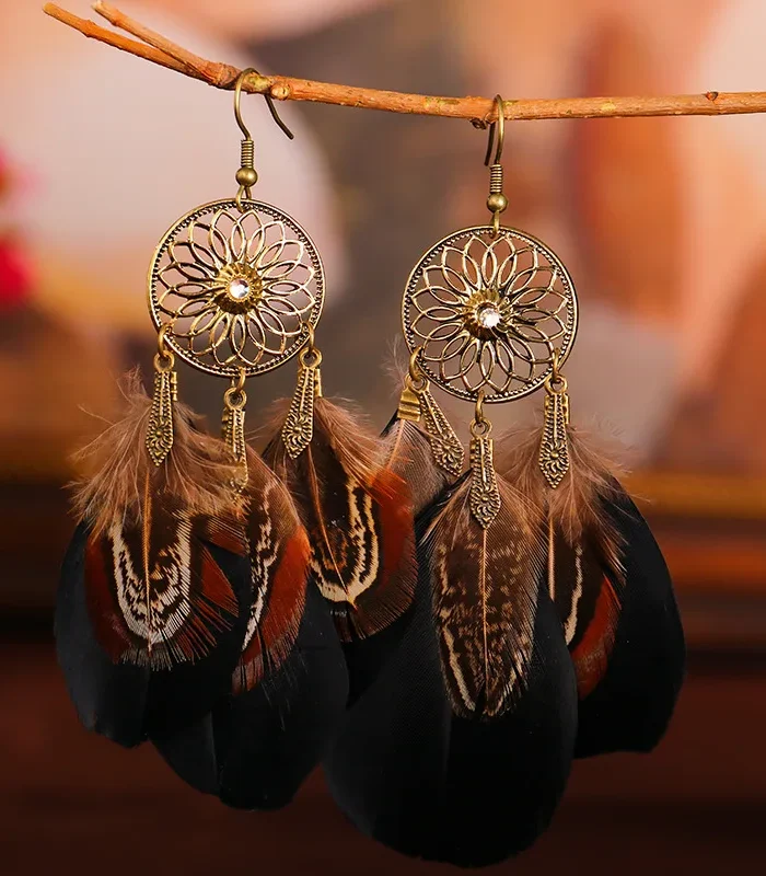 Nomad Sun Feather Dreamcatcher Statement Earrings