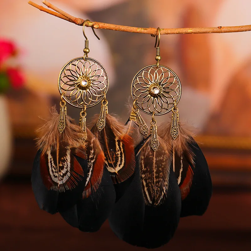 Nomad Sun Feather Dreamcatcher Statement Earrings
