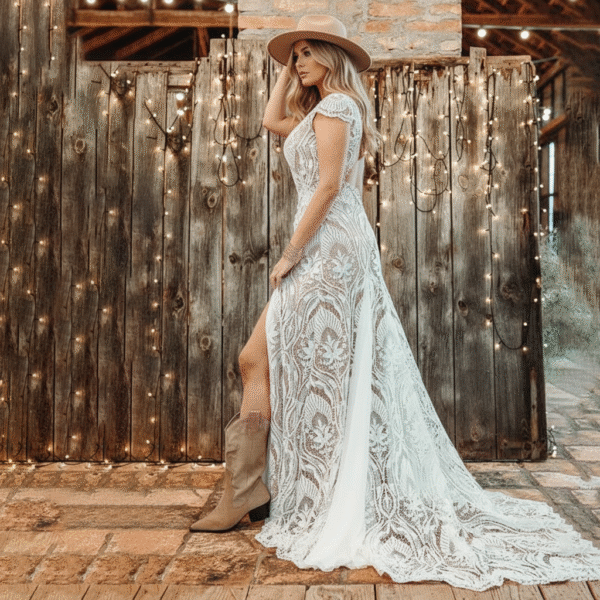 The Canyon Gown — Rustic Lace Wedding Dress with Open Back The Canyon Gown — Rustic Lace Wedding Dress with Open Back