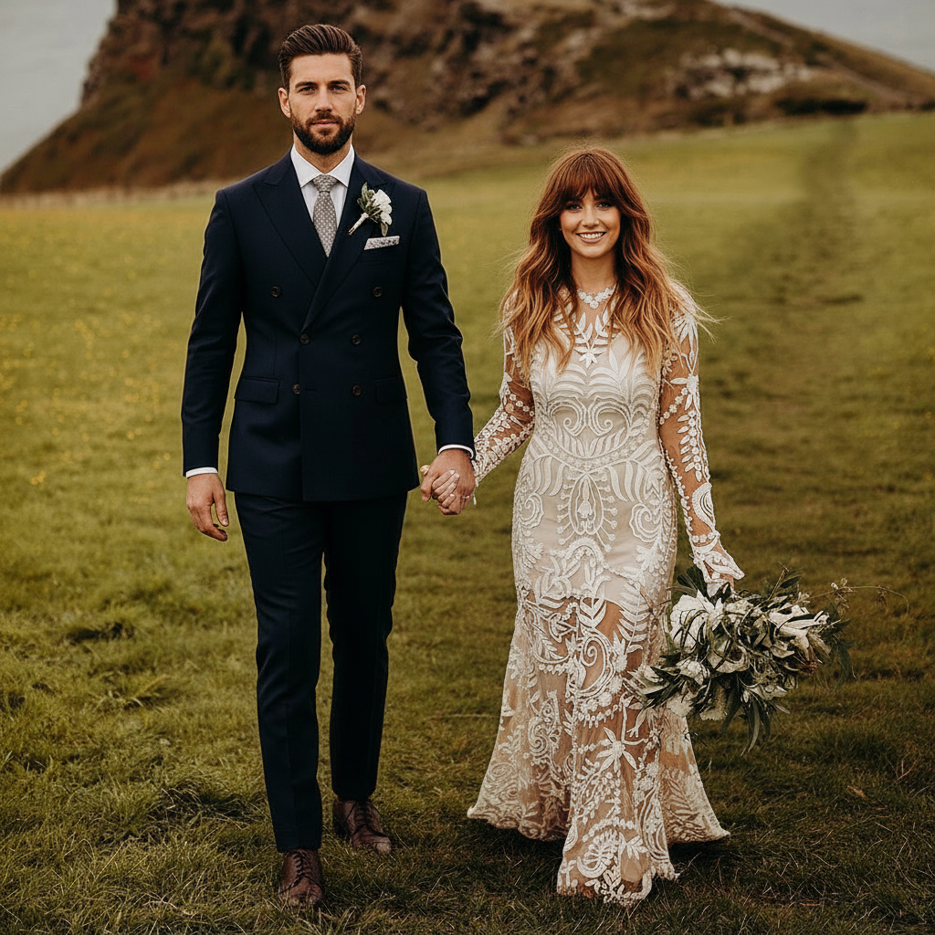 Autumn bride wearing the Folklore long-sleeve lace wedding dress in an earthy open landscape