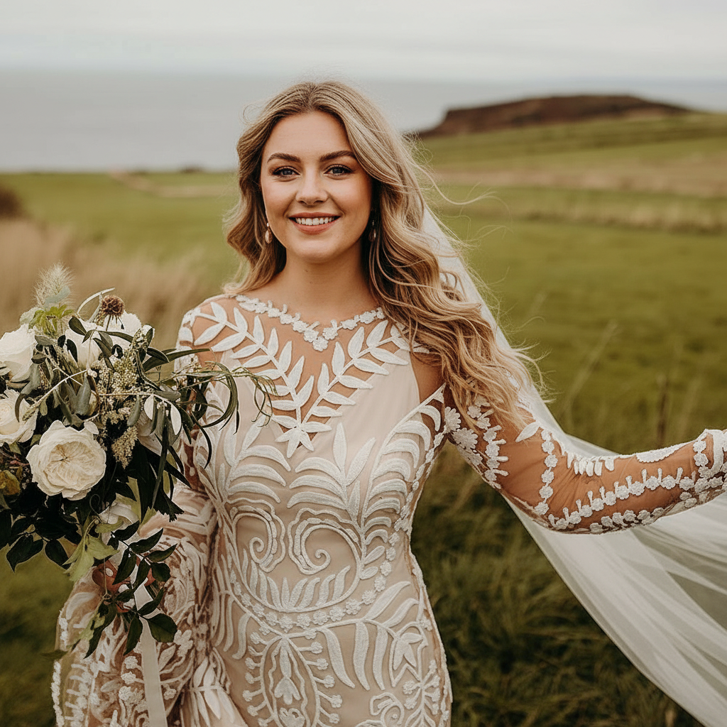 Bride wearing the Folklore long-sleeve lace wedding dress in an open landscape