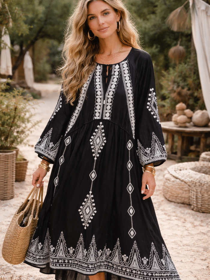 The Midnight Solstice Embroidered Dress