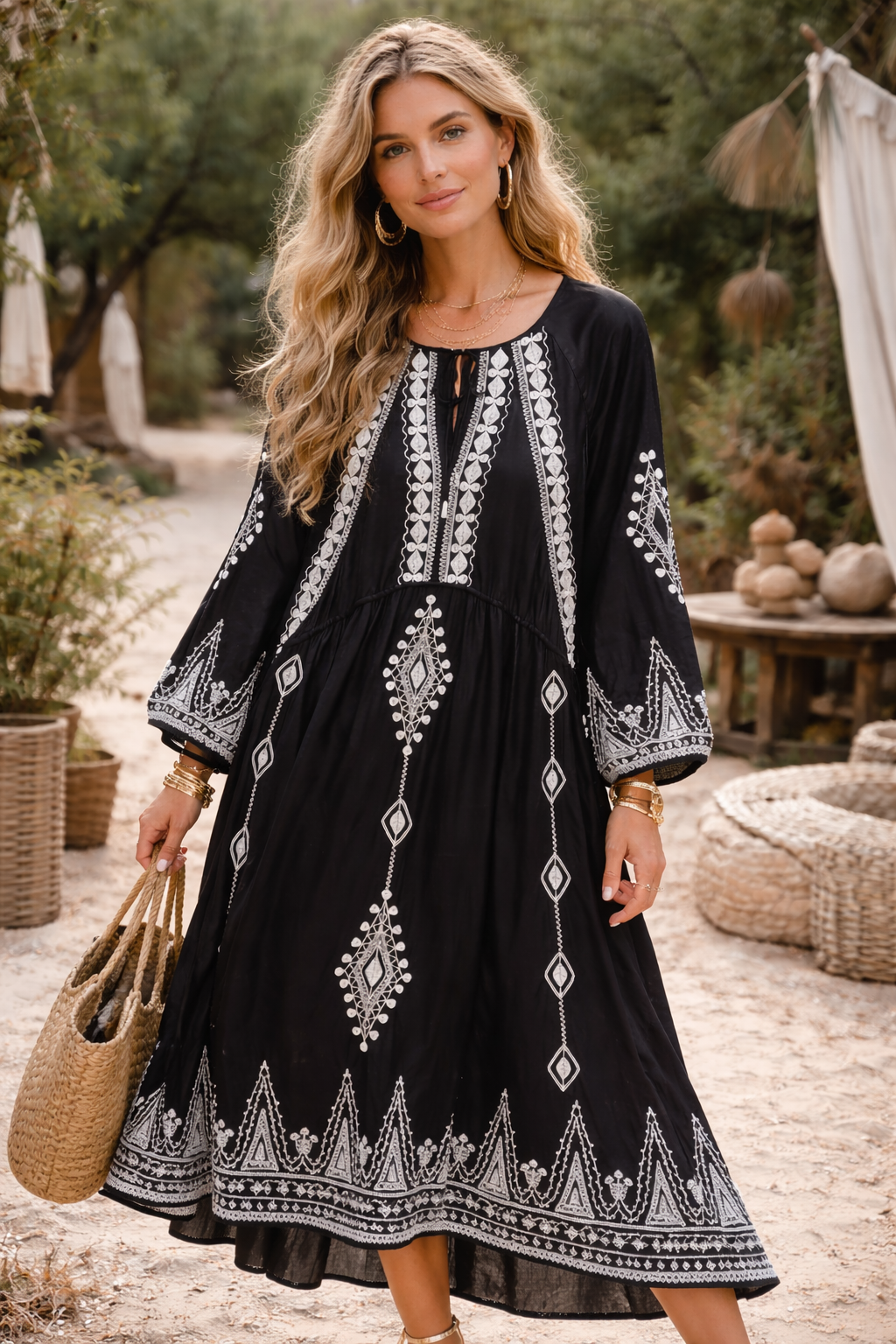 bohemian dress embroidery Floral Embroidered Tank Maxi Dress