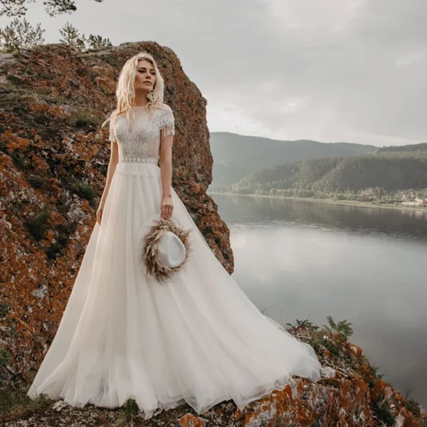 Cliffside Dusk — Beaded Fringe Boho Wedding Dress in Soft Tulle – Spirit & Rebel