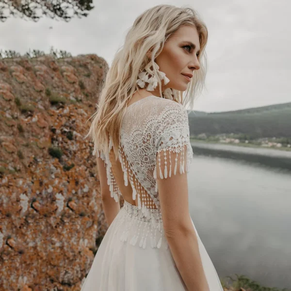 Cliffside Dusk — Beaded Fringe Boho Wedding Dress in Soft Tulle – Spirit & Rebel
