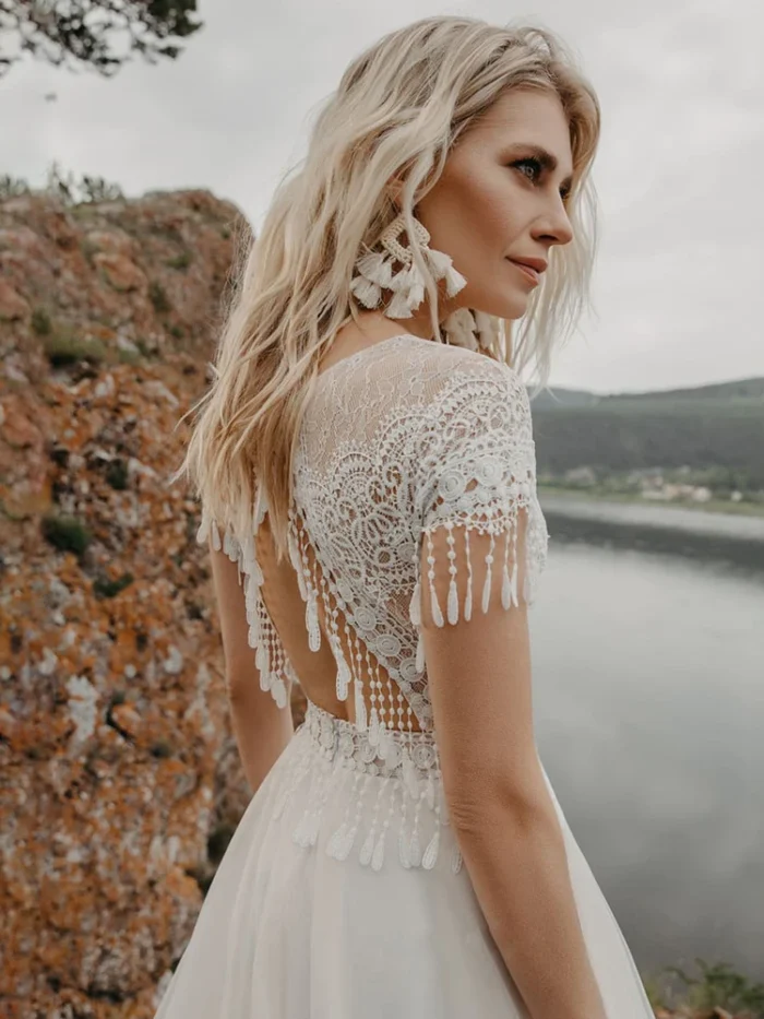 Cliffside Dusk — Beaded Fringe Boho Wedding Dress in Soft Tulle – Spirit & Rebel