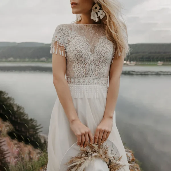 Cliffside Dusk — Beaded Fringe Boho Wedding Dress in Soft Tulle – Spirit & Rebel