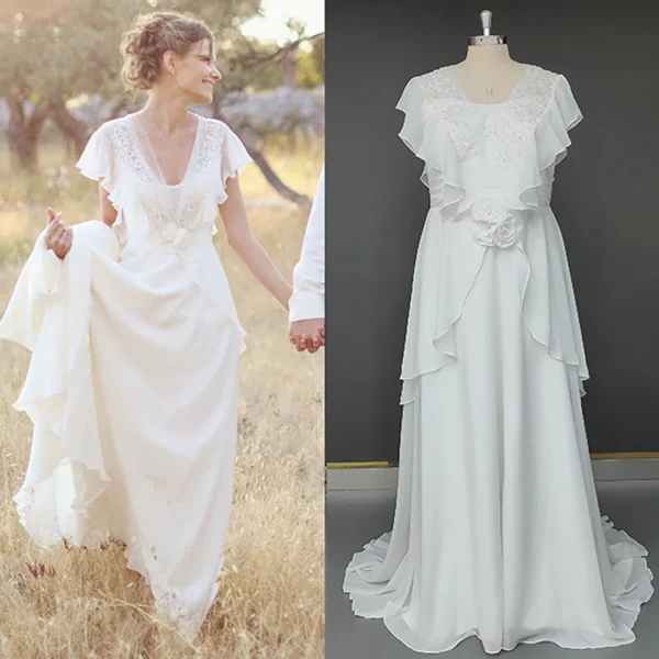 U460ef1a967704990b90dc88a167ad8d9f.webp Bride in the Olivette Gown, a beaded chiffon wedding dress with petal flutter sleeves