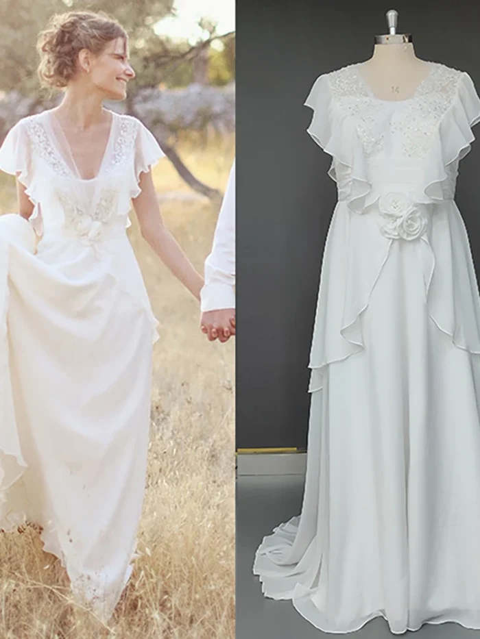 Bride in the Olivette Gown, a beaded chiffon wedding dress with petal flutter sleeves