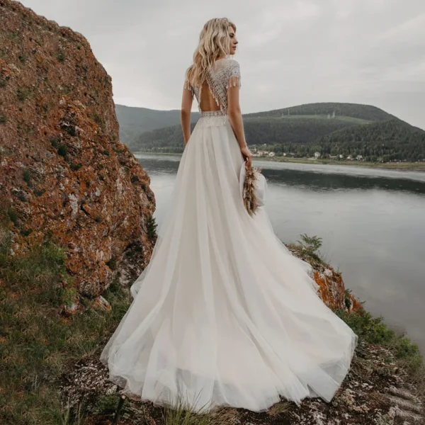 Cliffside Dusk — Beaded Fringe Boho Wedding Dress in Soft Tulle – Spirit & Rebel