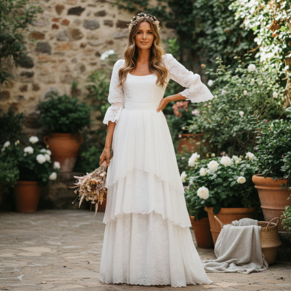 eyelet lace wedding dress Graphic Lace Boho Wedding Dress with Square Neckline and Puff Sleeves
