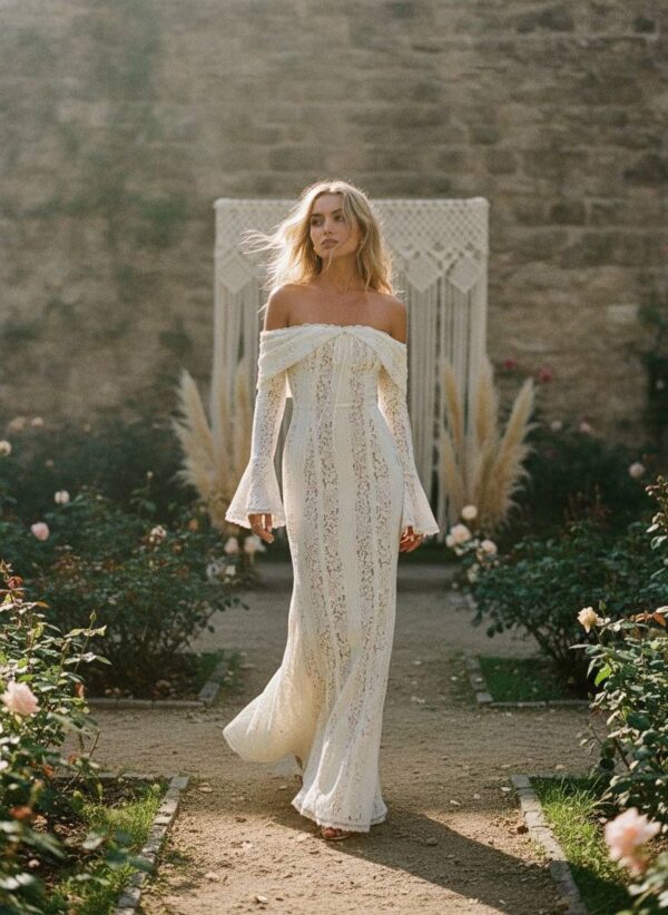 photo_1781371892_1278 The Golden Hour Gown — Off Shoulder Lace Wedding Dress with Bell Sleeves