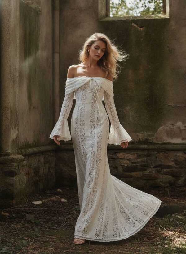 photo_1781371893_8349 The Golden Hour Gown — Off Shoulder Lace Wedding Dress with Bell Sleeves