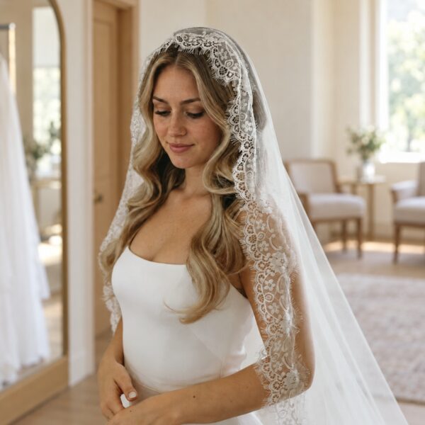 photo_1790598165_8079 Sevilla Mantilla Lace Wedding Veil – Ivory Cathedral Veil with Floral Eyelash Lace – Spirit & Rebel