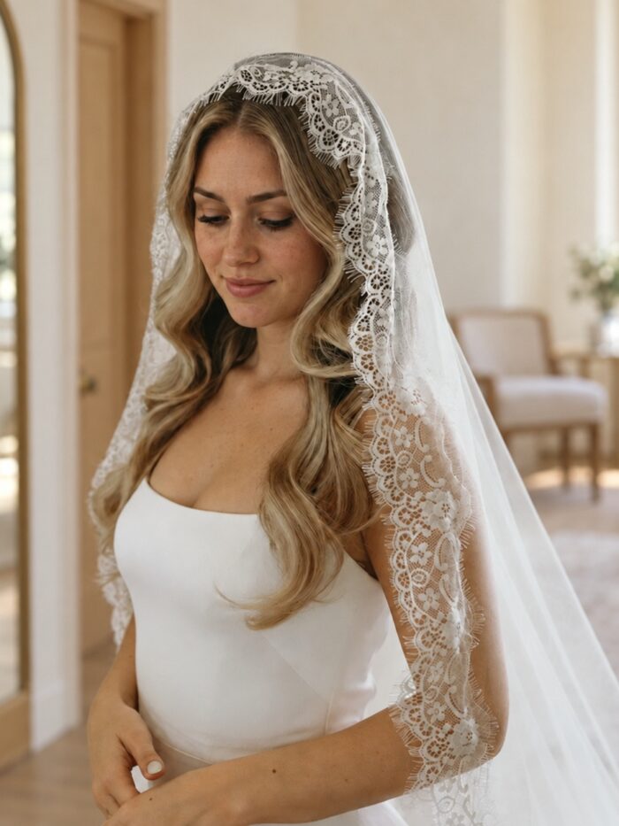 Sevilla Mantilla Lace Wedding Veil – Ivory Cathedral Veil with Floral Eyelash Lace – Spirit & Rebel
