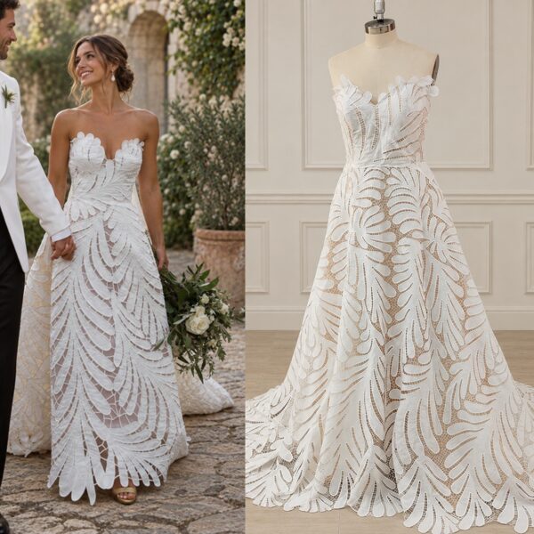 photo_1790666034_6243 Puglia Frond — Guipure Lace Boho Wedding Dress in Leaf Appliqué – Spirit & Rebel