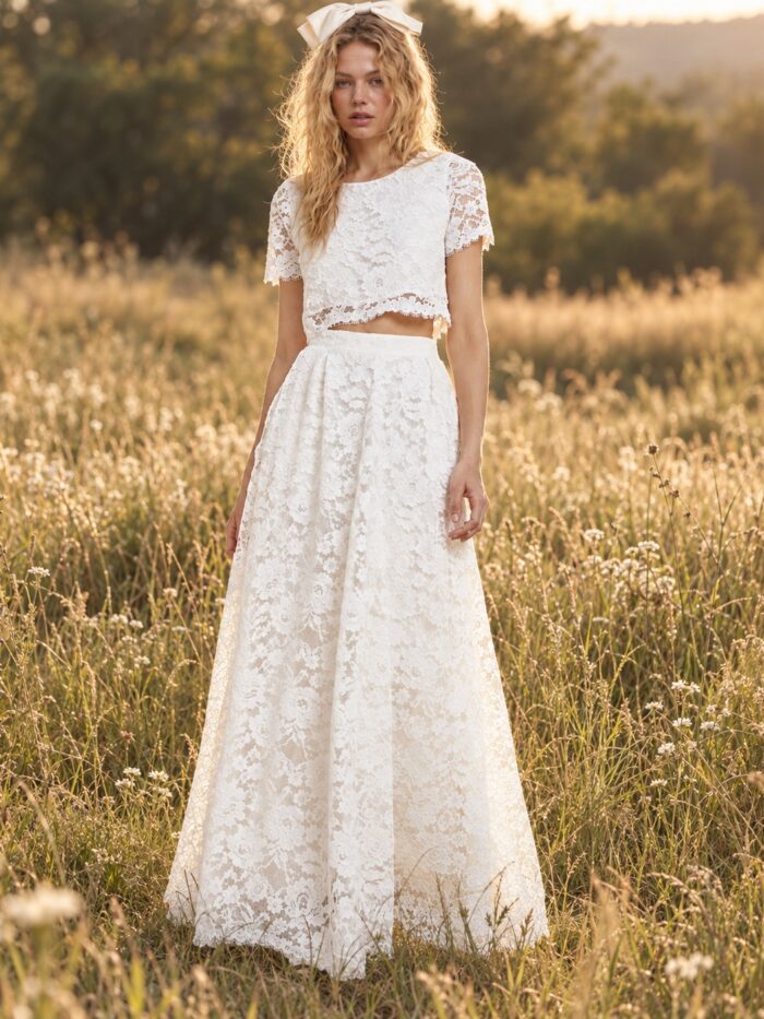 The Primrose Set — Lace Crop Top Wedding Dress with Short Sleeves – Spirit & Rebel