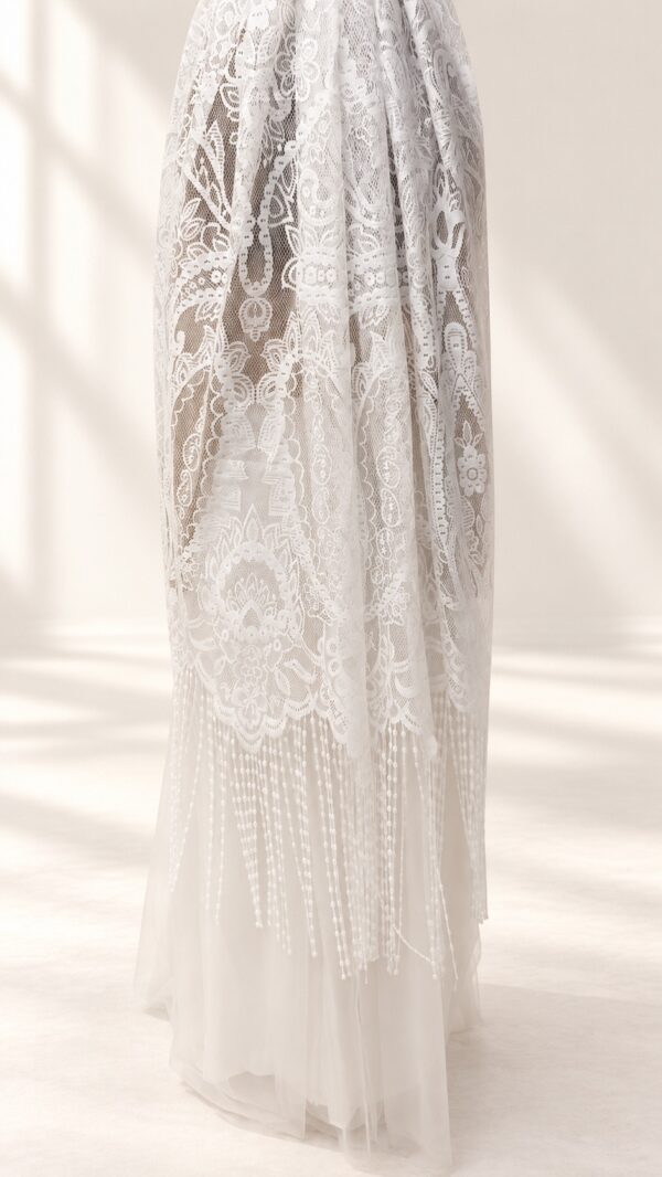 The Alba Veil, an ivory tassel fringe wedding veil in floral lace with a scalloped border