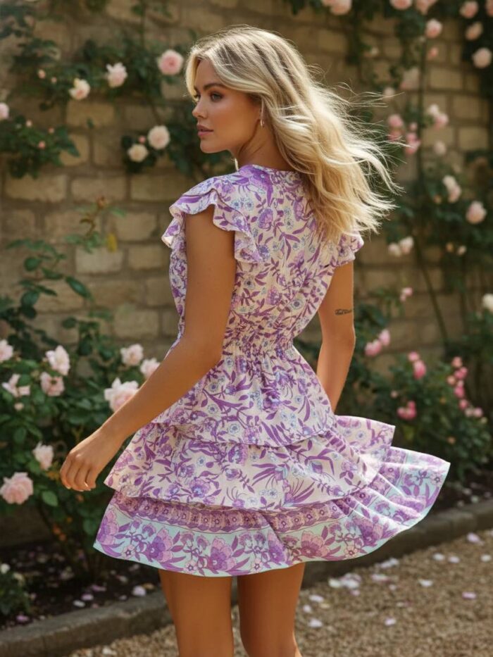 Floral Ruffle Mini Dress with Relaxed Fit and Button Detail