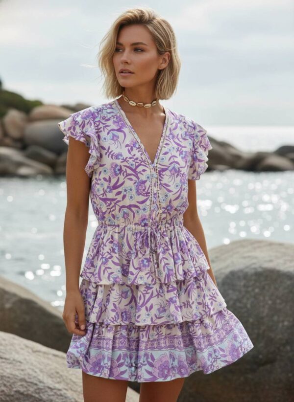 spirit_bohemian_tiered_mini_dress_secluded_cove_thought Floral Ruffle Mini Dress with Relaxed Fit and Button Detail