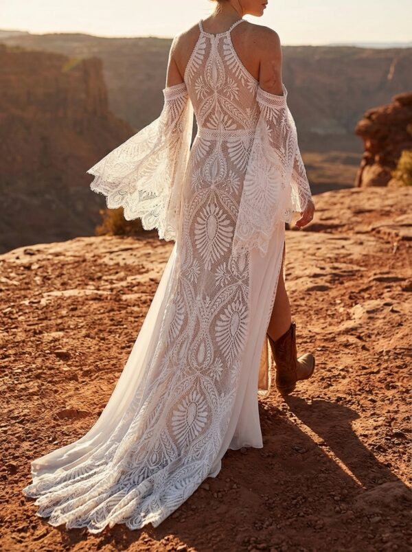 Western Boho Wedding Dress with Detachable Flare Sleeves - Spirit and Rebel Western Boho Wedding Dress with Detachable Flare Sleeves - Spirit and Rebel