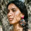 spirit_dappled_olive_shade Boho Embroidered Flower Statement Earrings - Fuchsia Pink Beaded Drops