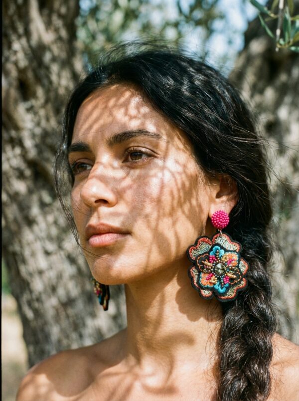spirit_dappled_olive_shade Boho Embroidered Flower Statement Earrings - Fuchsia Pink Beaded Drops