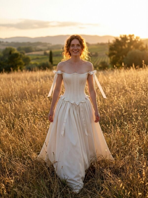 spirit_golden_hour_meadow_stride_front_view (2) Provence Bow Corset Off-Shoulder Wedding Gown