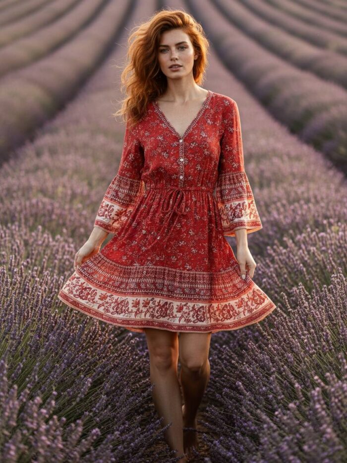 Lavender Trail Boho Bell Sleeve Mini Dress
