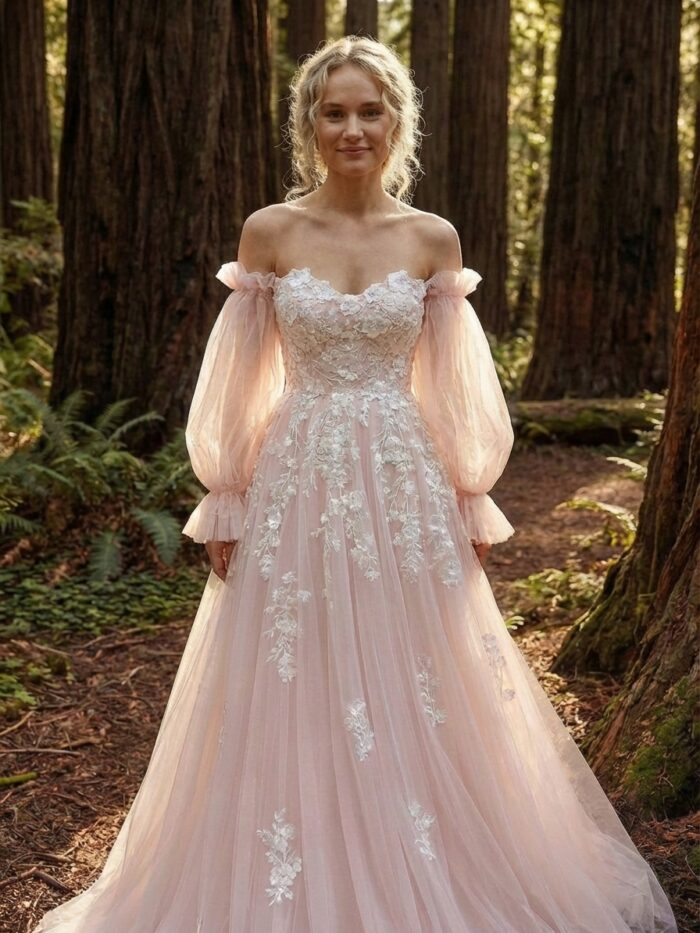 Romantic Pink Embroidered Bridal Gown with Floral Accents