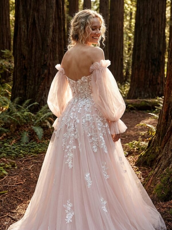 spirit_redwood_whispers Romantic Pink Embroidered Bridal Gown with Floral Accents