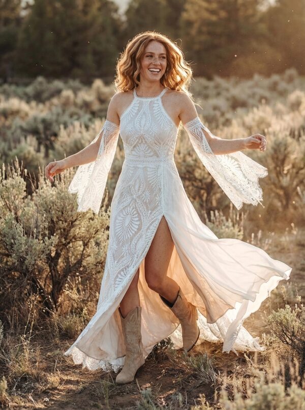Western Boho Wedding Dress with Detachable Flare Sleeves - Spirit and Rebel Western Boho Wedding Dress with Detachable Flare Sleeves - Spirit and Rebel
