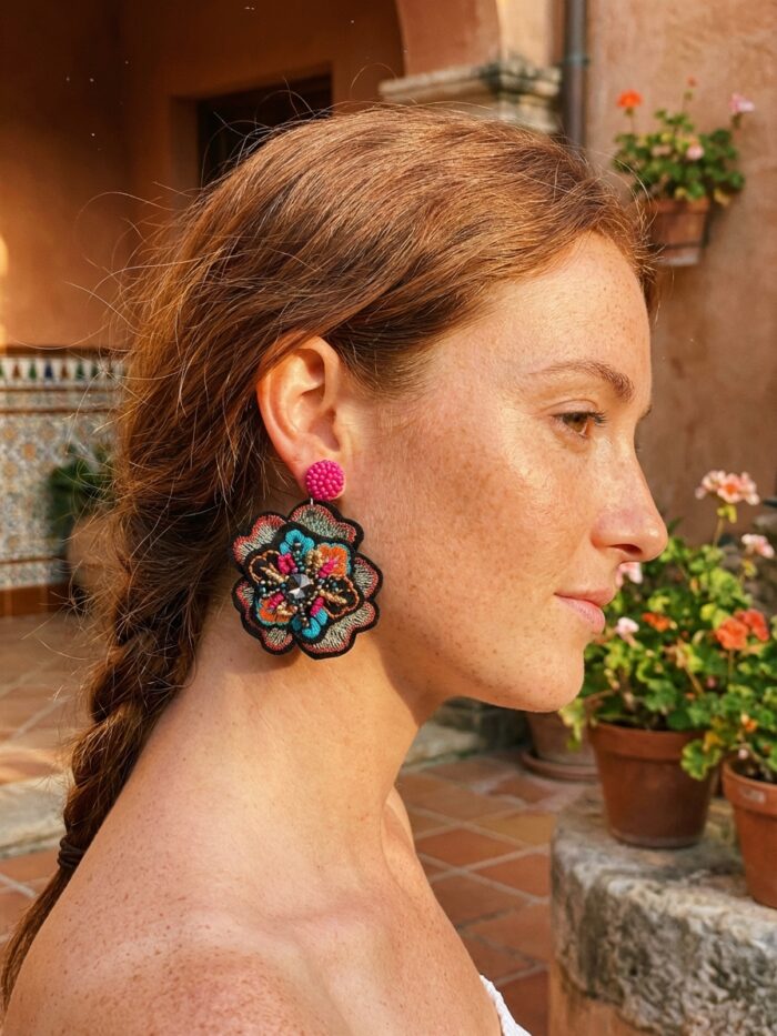 Boho Embroidered Flower Statement Earrings - Fuchsia Pink Beaded Drops