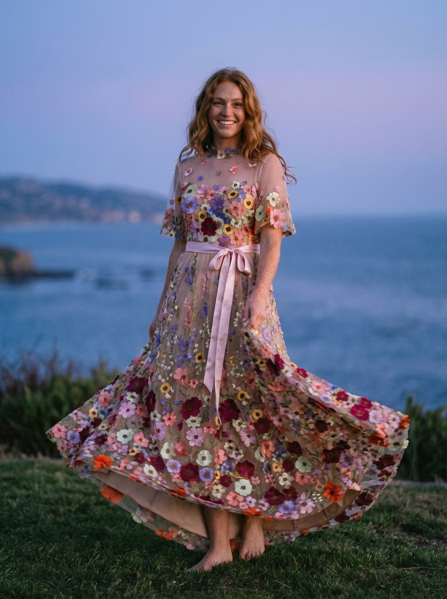 embroidered tulle dress Dusty Blue Floral Maxi with Corset Bodice Custom Color / Above Knee / US8 and flowing tulle skirt for romantic brides. Romantic Fairy Tulle 3D Floral